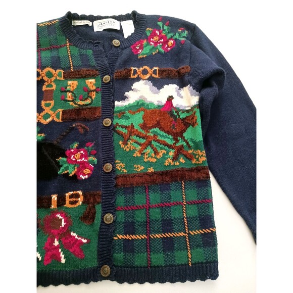 VTG Equestrian Hand Embroidered Cotton Knit Cardigan Navy Sz S/P - Picture 10 of 10